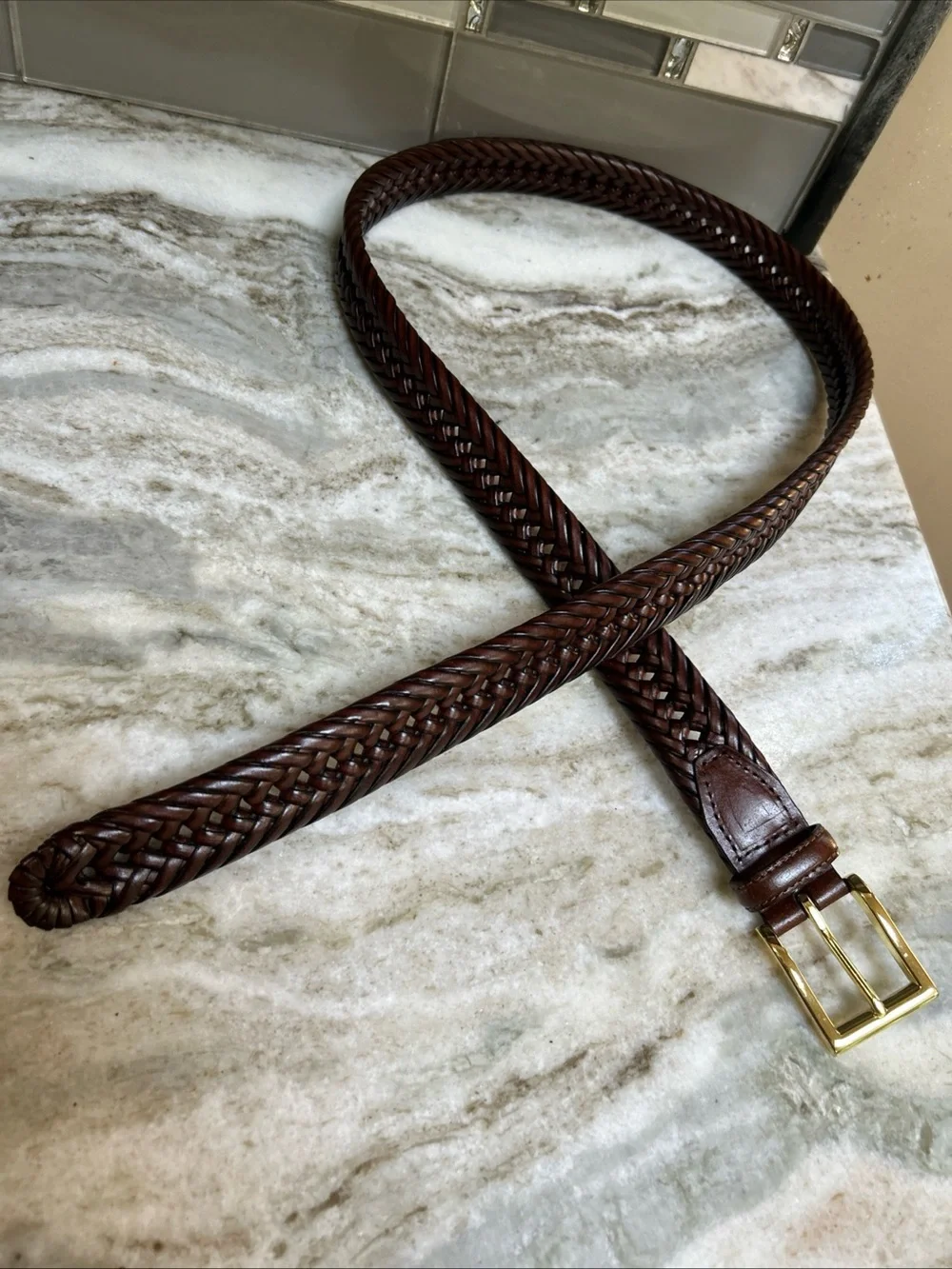 Vintage Woven Braided genuine Brown Leather Belt Size 44 men’s preppy